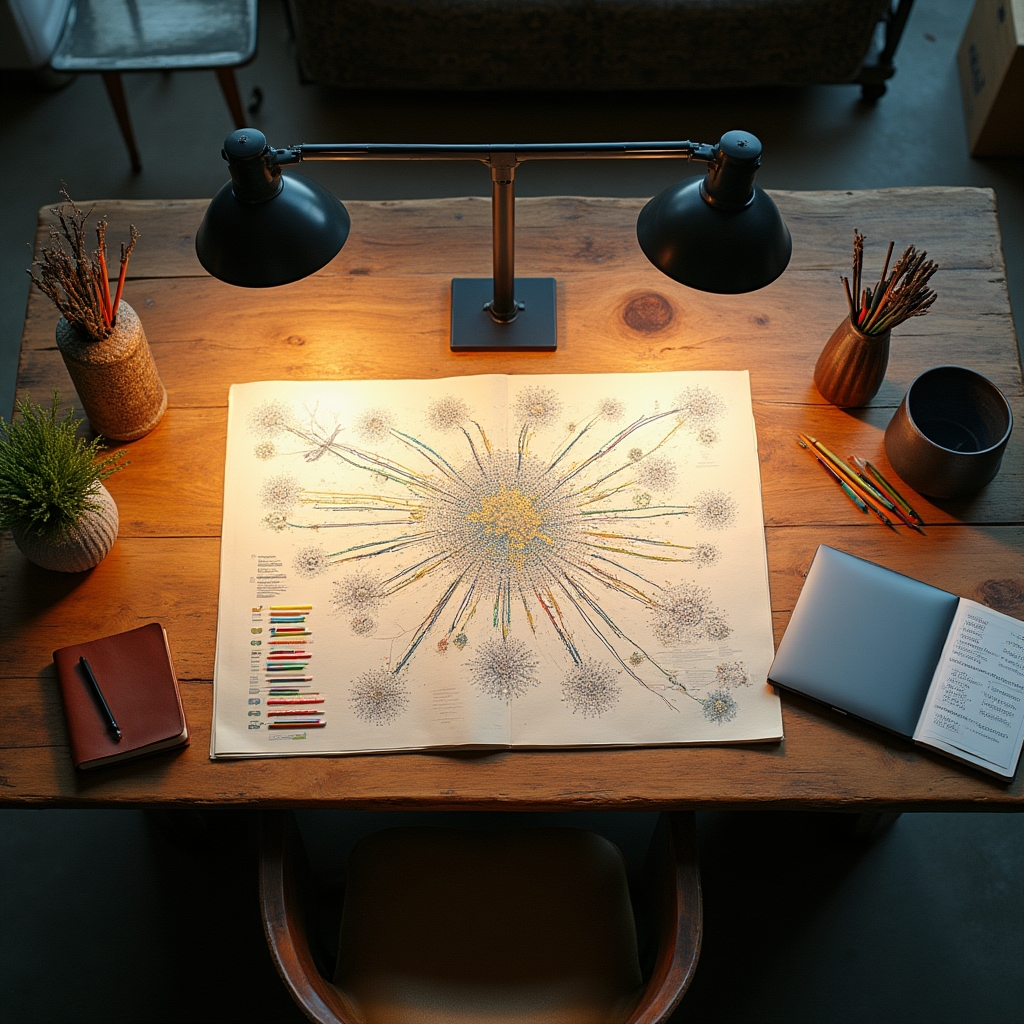 Sesión de trabajo con diagramas de método de aprendizaje sobre mesa de diseño